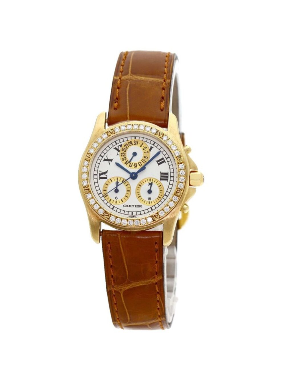 Cartier Santos Round Chrono Reflex Watch 18k Yellow Gold Leather Diamond